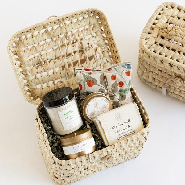 Handwoven basket filled with California spa essentials